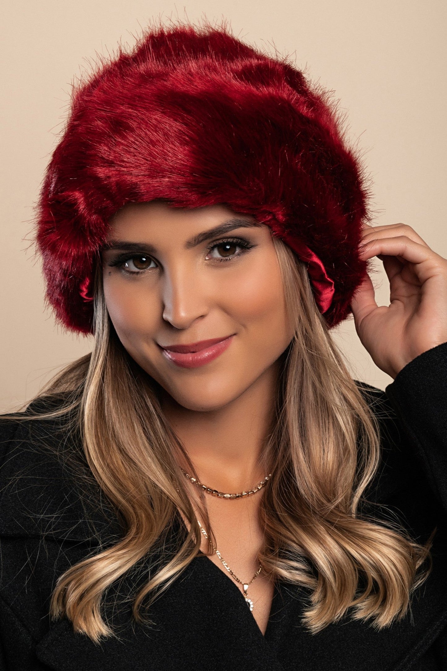 Women's Red Winter Hat with Synthetic Fur