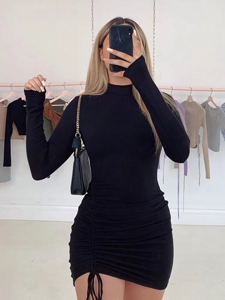 Long Sleeve Ruched Turtleneck Bodycon Mini Dress