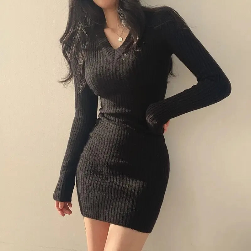 Women’s Slim Fit Knit Bodycon V-Neck Dress