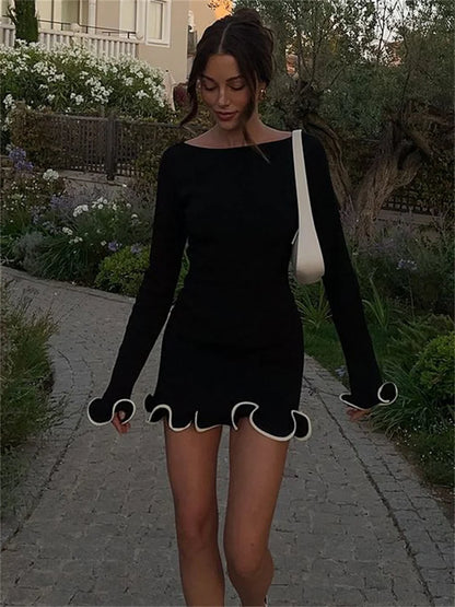 Fashion Women’s Knit Mini Dress – Ruffled, High Waist, Elegant Slim Summer Style