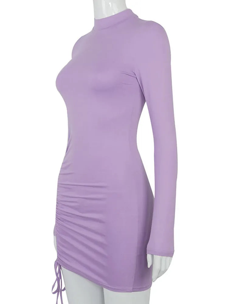 Long Sleeve Ruched Turtleneck Bodycon Mini Dress