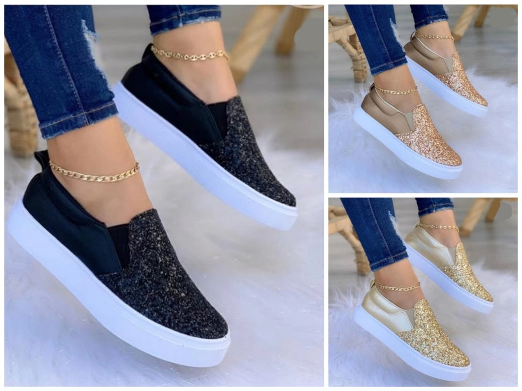 Women’s Glitter Moccasins – Flat Loafers (Rose Gold, Black, Gold)