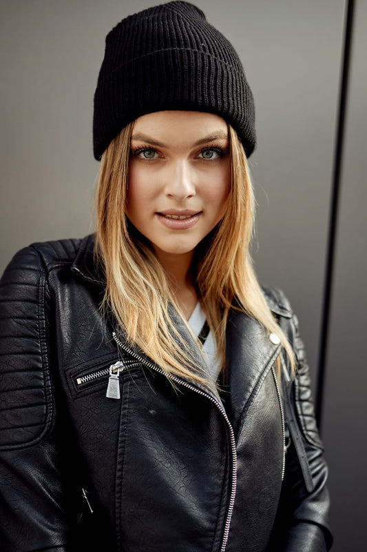 Women's Black Knitted Folded Hat