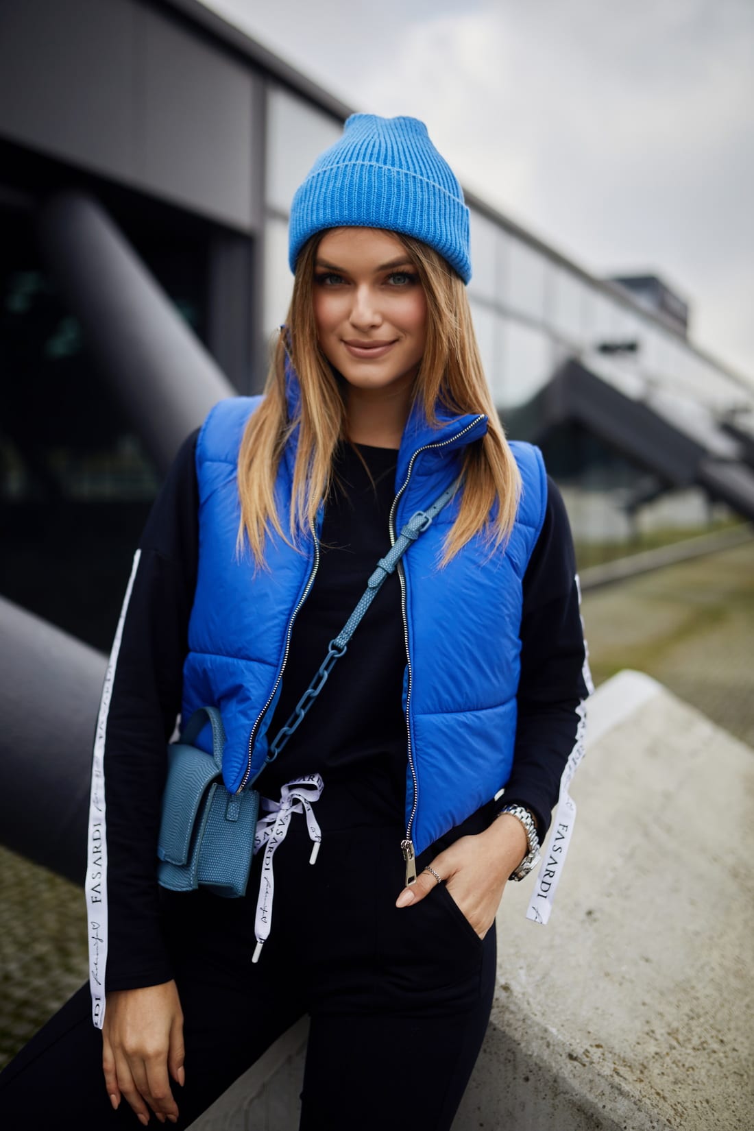 Women's Blue Knitted Cap with Turn-Up