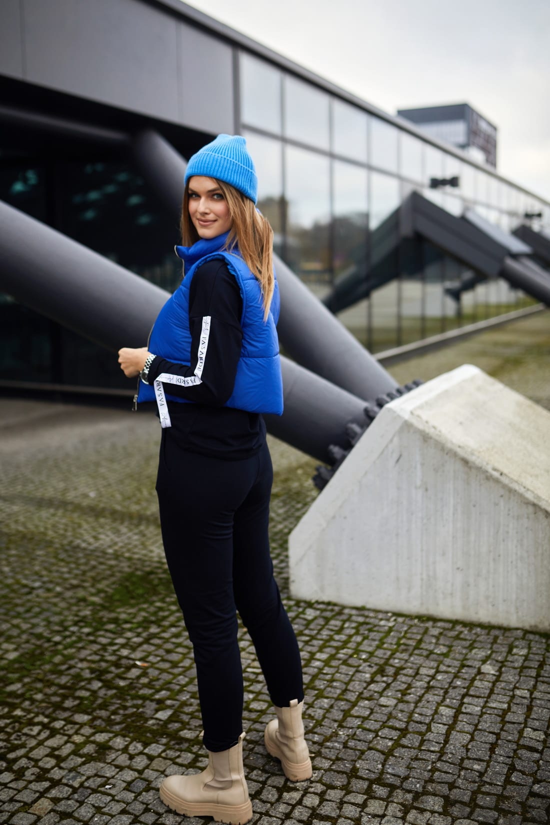 Women's Blue Knitted Cap with Turn-Up