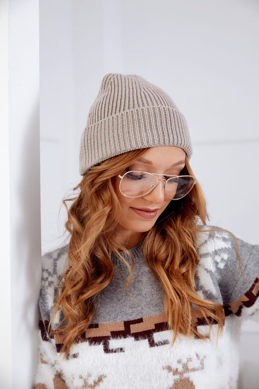 Women's Cappuccino Knitted Cap with Turn-Up
