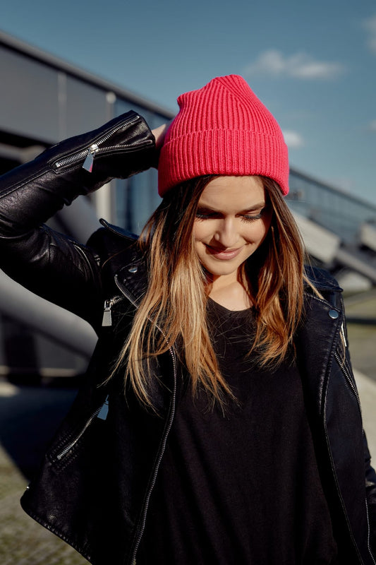 Women's Neon Pink Knitted Cap with Turn-Up